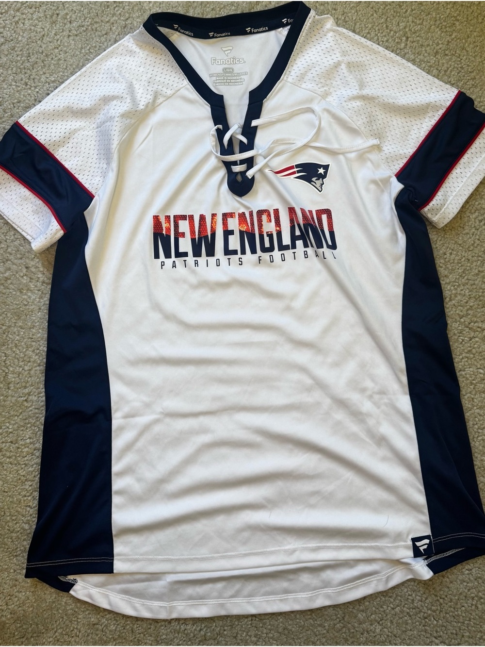 Fanatics Woman’s New England Patriots Lace-Up Football Jersey - White/Navy/Red